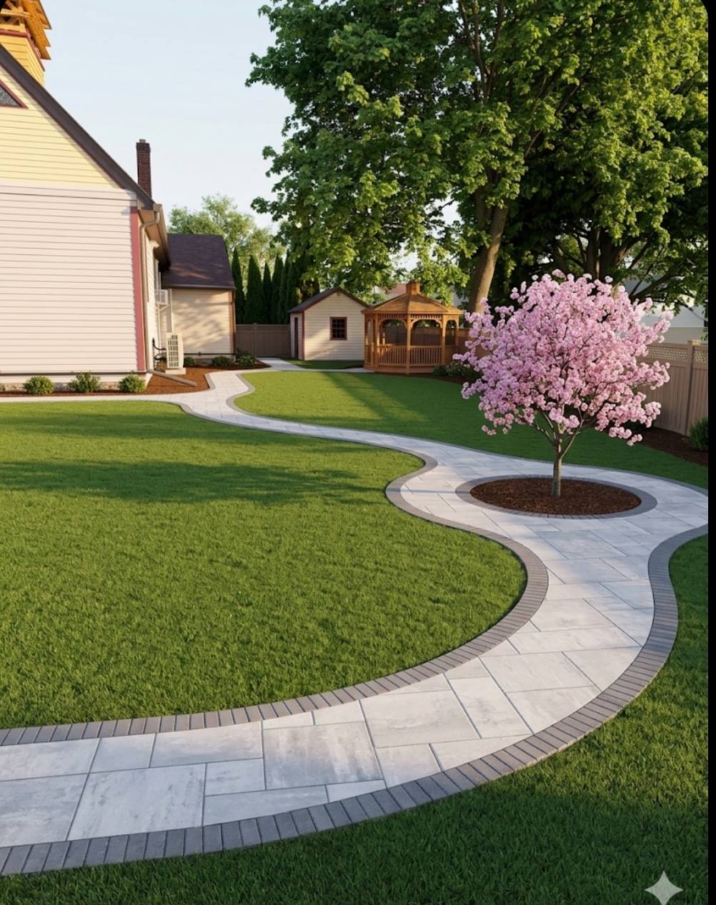 Backyard with curved paver walkway built by Perez Landscaping